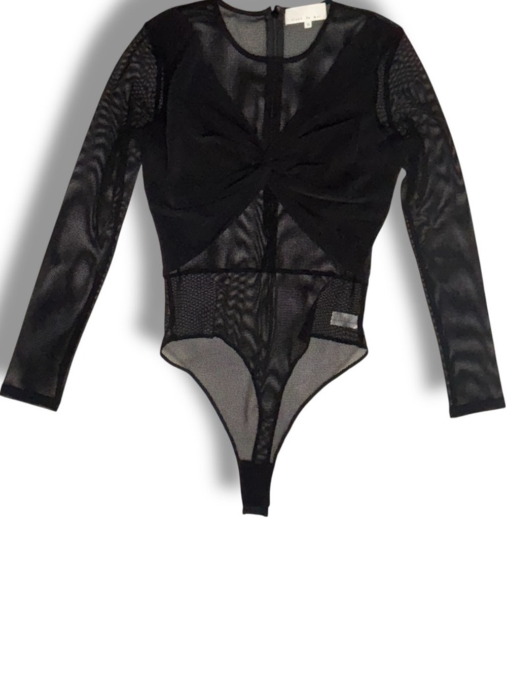 Fleur Du Mal Black Silk Mesh Twist Front Bodysuit Long Sleeve Size M NWOT